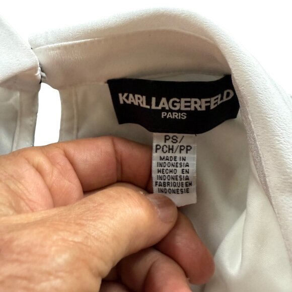 Karl Lagerfeld Paris White Lace Short Sleeve Blouse With Contrast Collar & Tie D - Picture 2 of 8